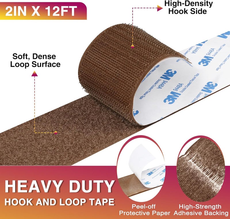 Summerbrite 12Ft x 2 Inch Hook and Loop Tape, Heavy Duty Double-Sided Adhesive Strips, Strong Sticky Back Fastener Roll, Cuttable Interlocking Tape Fasteners for Home, Office, Car, School & DIY Crafts Brown - Image 2